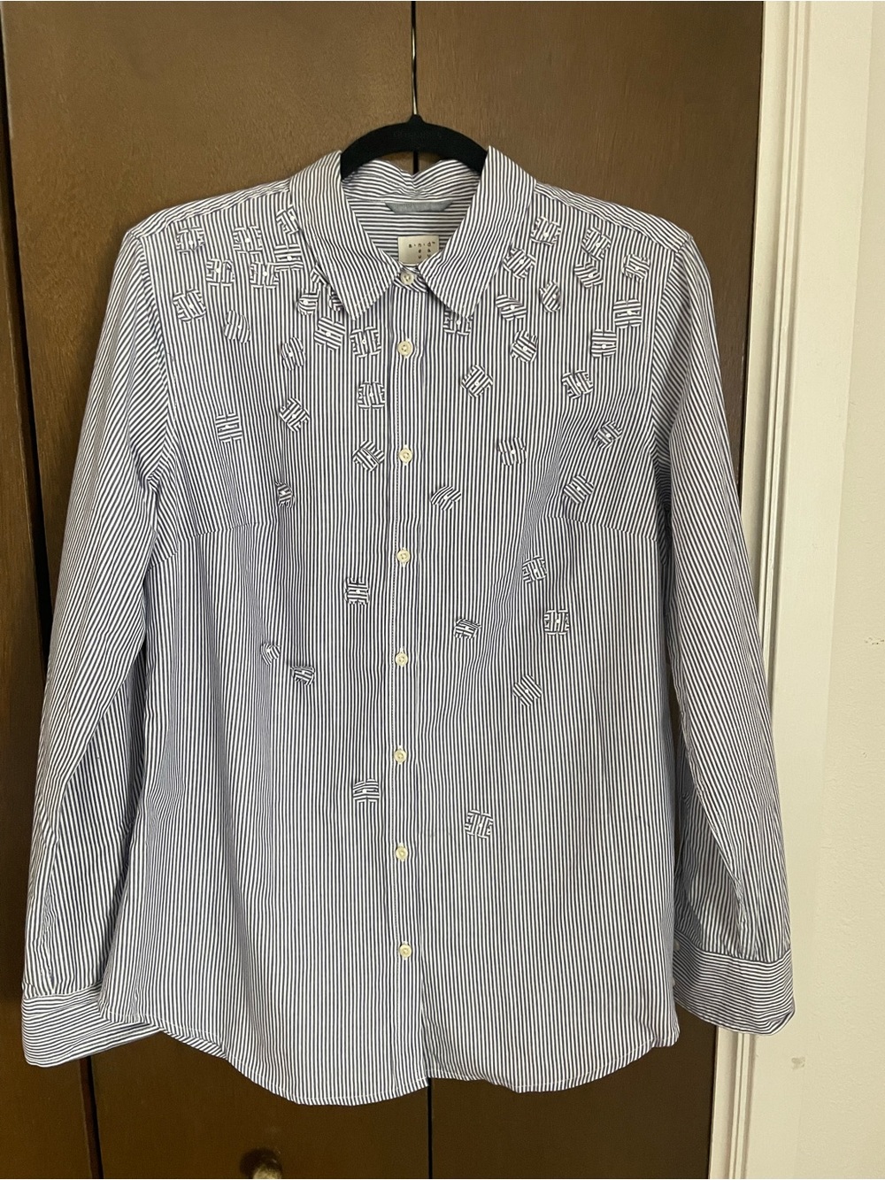 a new day Blue and White Striped Button-Down Shirt with Embroidered Detail